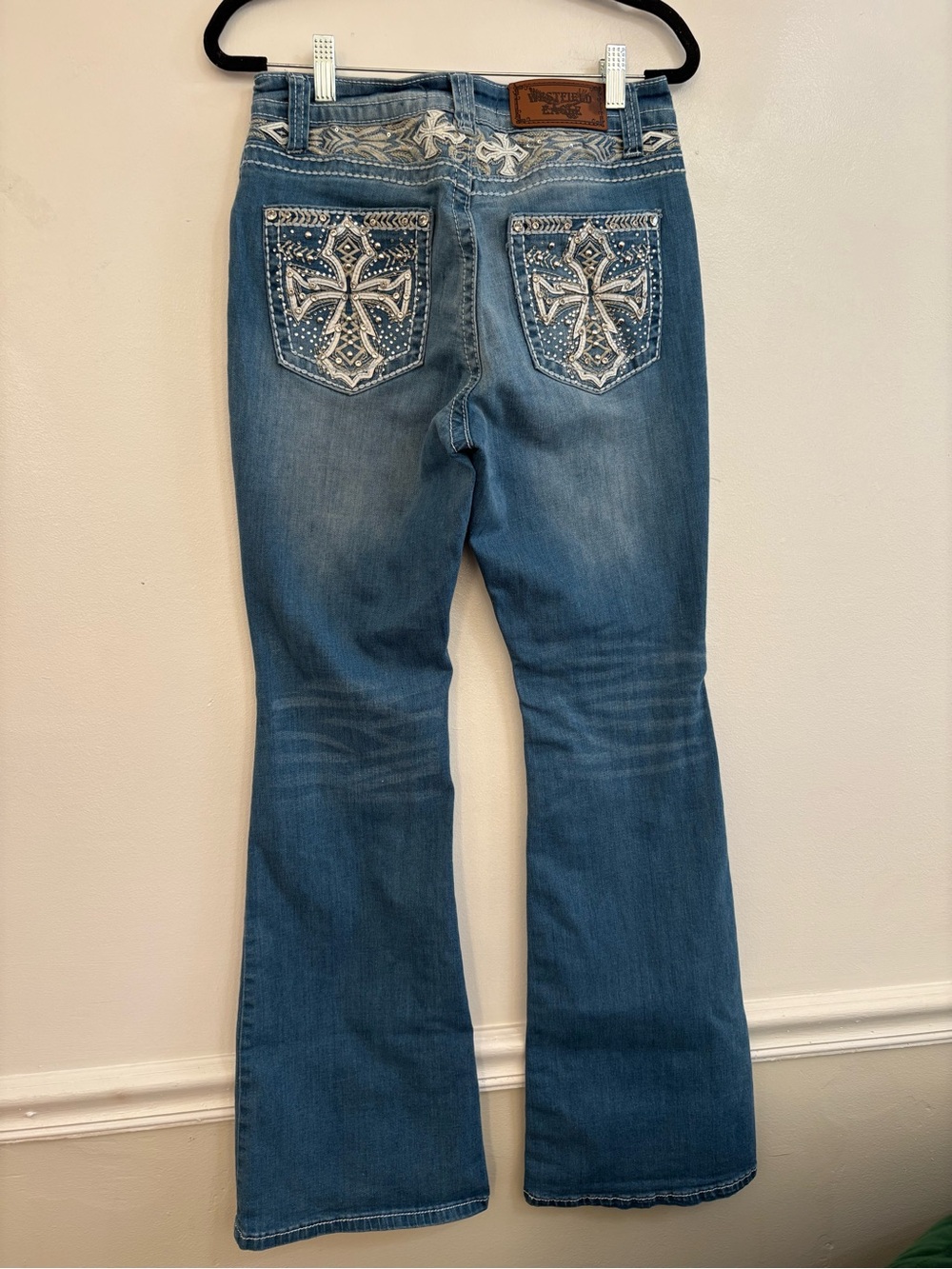 Embellished Flare Jeans with Cross Pocket Detail in Medium Blue